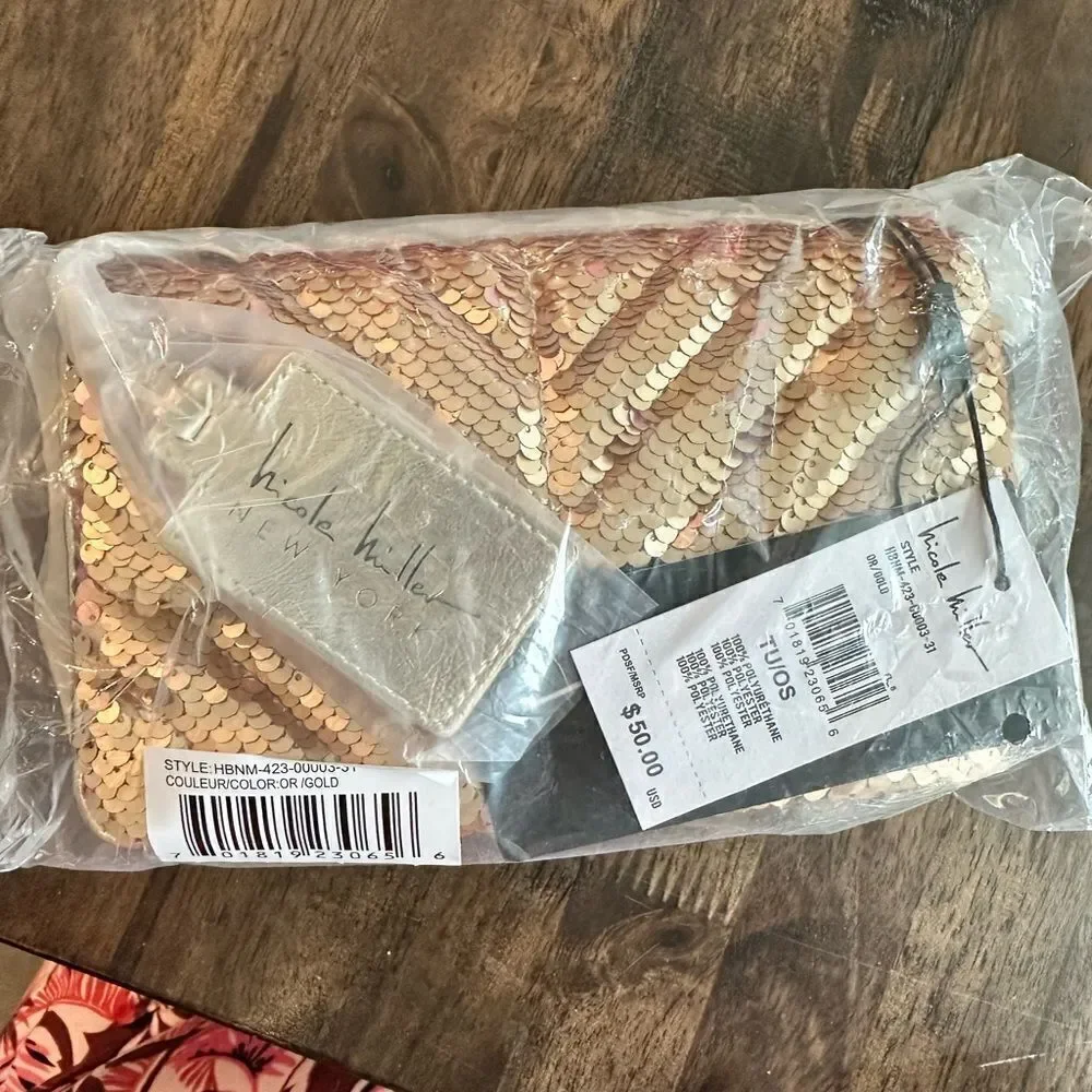 NWT Nicole Miller Gold Sequin Quilted Small Crossbody Bag Shoulder Purse Handbag